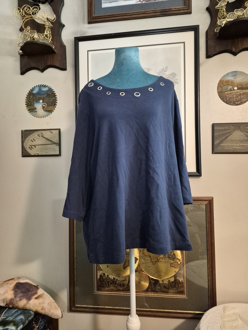 Quacker Factory Navy Blue Rhinestone Eyelet Knit Top